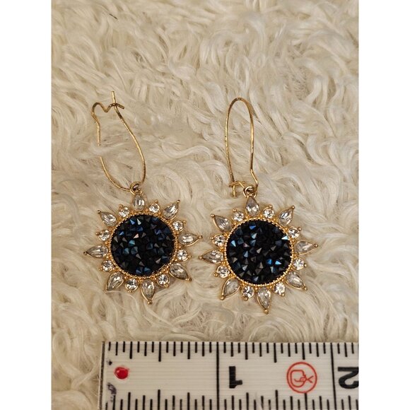 Gold-Tone Sunburst Drop Earrings With Black Crystals & Clear Rhinestones - Picture 2 of 5